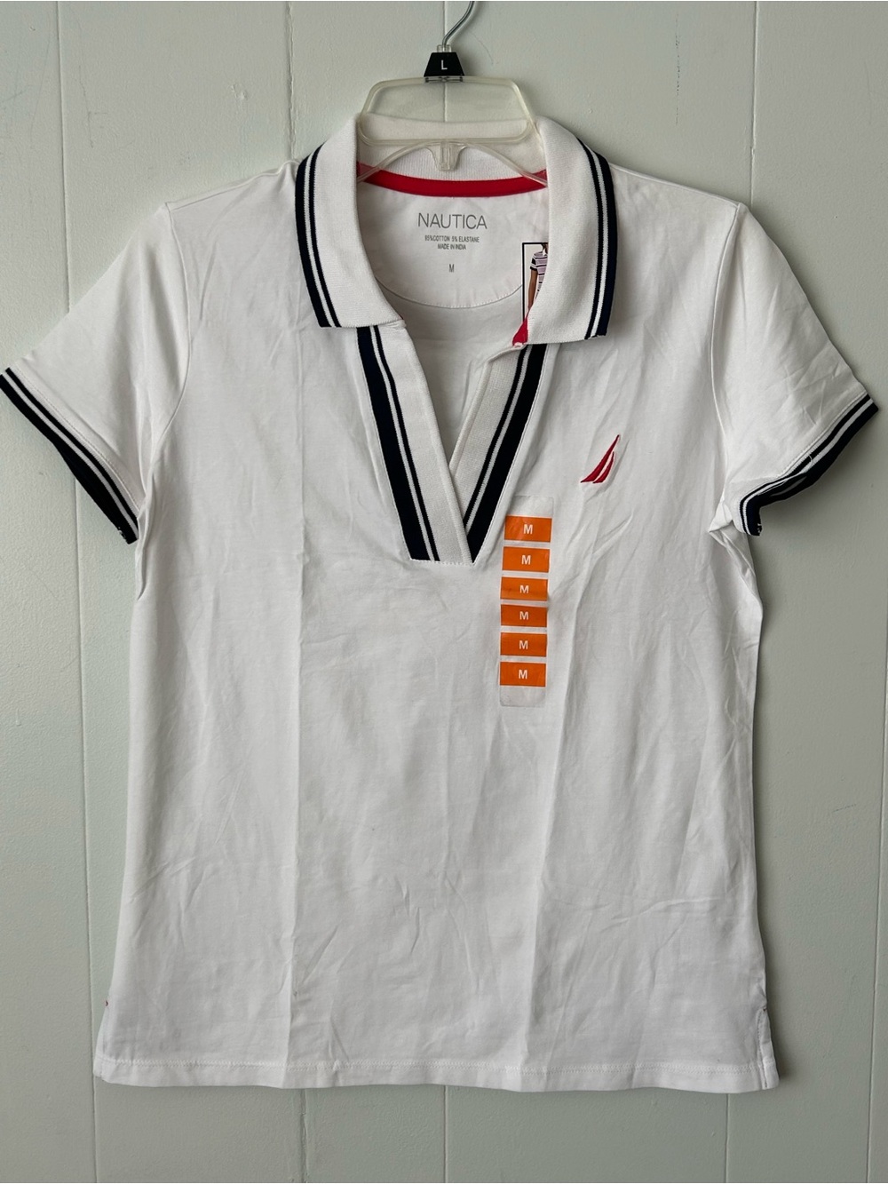 Nautica White Polo with Navy Stripe Collar and Red Accents